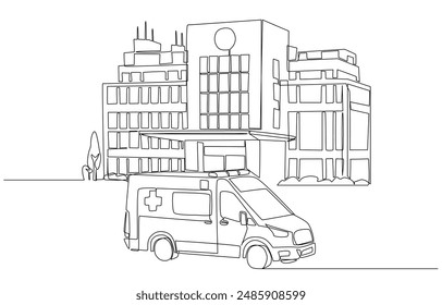 Continuous one line drawing of ambulance infront of hospital building, emergency medical service concept, single line art.