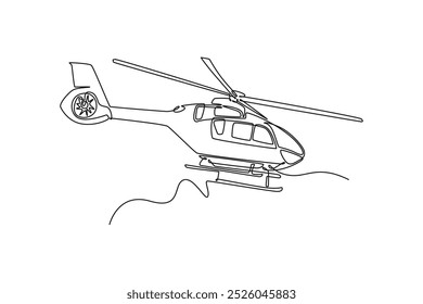 Continuous one line drawing ambulance helicopter for medical evacuation. Healthcare, hospital, medical diagnostics. Urgency and emergency services. Single line draw design vector graphic illustration