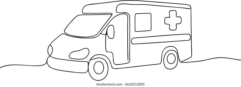 Continuous one line drawing of an ambulance vehicle with Red Cross symbol, minimalist black linear sketch of emergency medical van

