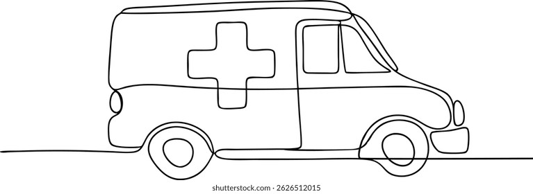 Continuous one line drawing of an ambulance vehicle with Red Cross symbol, minimalist black linear sketch of emergency medical van

