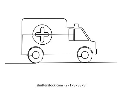 Dibujo continuo de una línea de un vehículo de ambulancia con un símbolo de cruz médica