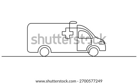 Continuous one line drawing of an ambulance vehicle with Red Cross symbol, Ambulance car continuous one line drawing. minimalist black linear sketch of emergency medical van