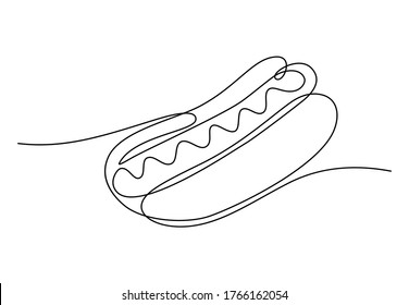 Continuous One Line Drawing Of American Hot Dog Cafe Logotype Template Concept. Fast Food Hotdog, Food Market Logo Emblem. Trendy Single Line Draw Design Vector Illustration