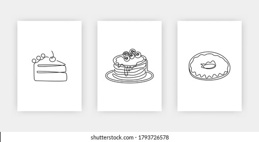 Continuous one line drawing of American pancakes piece of cake with cherry and donut. Modern poster set of bakery products isolated on white, dessert and cafe theme for logo. Vector illustration