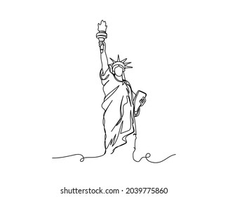 Dibujo continuo de una línea de la estatua de la libertad en silueta estadounidense sobre un fondo blanco. Linear estilizado.