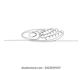 Dibujo continuo de una línea de desayuno americano: huevos al sol y salchichas. ejemplo de vector de contorno único de salchicha y huevos al lado del sol. Trazo editable.