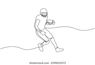 Continuous one line drawing American football player going to make pass, One line drawing of American football soccer player running and carrying a ball.