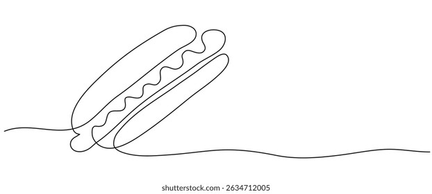 Continuous one line drawing of American hot dog cafe logotype template concept. Fast food hotdog, food market logo emblem. Trendy single line draw design vector illustration