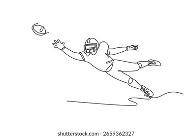 Uma linha contínua desenhando o jogador de futebol americano em movimento pegando bola. Desenvolvimento de movimento. Esporte, competição, torneio, jogo, dinâmica. Ilustração gráfica vetorial de design de desenho de linha única