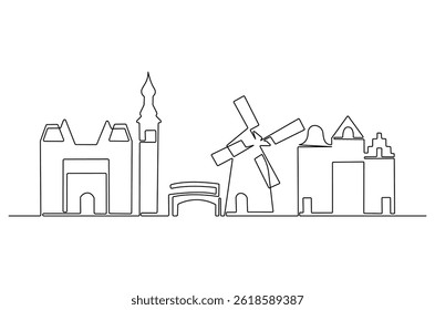 Dibujo continuo de una línea del horizonte de la ciudad de Ámsterdam. Ilustración de dibujo de una sola línea del paisaje urbano de los Países Bajos. Hermosos edificios y Arte vectorial de concepto arquitectónico. Ilustración de línea Doodle.