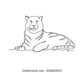 Dibujo continuo de una línea del icono del tigre de amur en silueta sobre un fondo blanco. Linear estilizado.