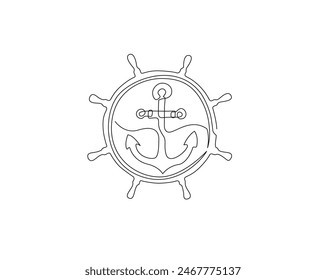 Continuous one line drawing of anchor and wheel marine. Anchor line art vector illustration. Nautical and maritime element. Editable stroke.	