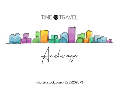 Continuous one line drawing Anchorage city skyline, Alaska. Historical town landscape in the world. Best holiday destination. Editable stroke trendy single line draw design vector graphic illustration