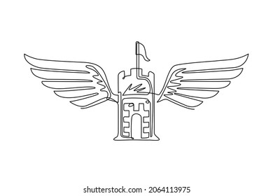 Una línea continua dibujando el emblema de la antigua fortaleza con alas. Escudo heráldico de armas, logotipo vintage. Logo retro de estilo antiguo sobre fondo blanco aislado. Ilustración vectorial de diseño de líneas simples