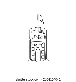 Continuous one line drawing ancient fortress emblem. Heraldic coat of arms, vintage symbol. Retro logo in old style on isolated white background. Single line draw design vector graphic illustration