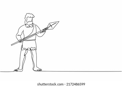 Continuous one line drawing ancient caveman or homosapien hunter standing and holding big stone spear. Prehistoric bearded man dressed in animal pelt. Single line design vector graphic illustration