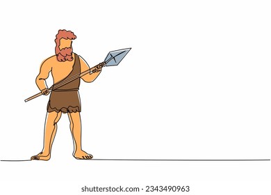 Continuous one line drawing ancient caveman or homosapien hunter standing and holding big stone spear. Prehistoric bearded man dressed in animal pelt. Single line design vector graphic illustration