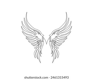 Continuous one line drawing of angel wings illustration. Pair of wings outline vector design. Editable stroke.