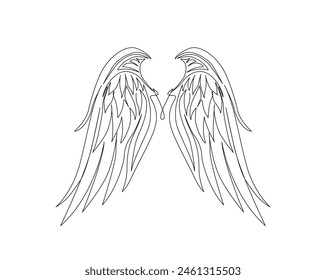 Continuous one line drawing of angel wings illustration. Pair of wings outline vector design. Editable stroke.