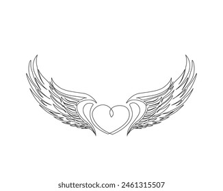 Continuous one line drawing of angel wings illustration. Heart with wings outline vector design. Editable stroke.