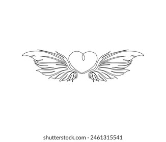 Continuous one line drawing of angel wings illustration. Heart with wings outline vector design. Editable stroke.