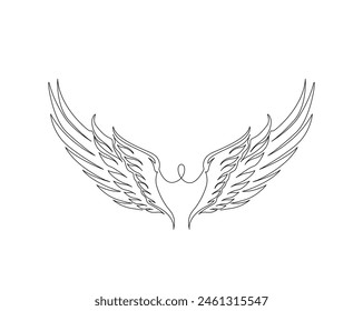 Continuous one line drawing of angel wings illustration. Pair of wings outline vector design. Editable stroke.