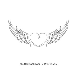 Continuous one line drawing of angel wings illustration. Heart with wings outline vector design. Editable stroke.