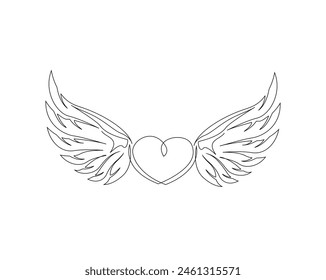 Continuous one line drawing of angel wings illustration. Heart with wings outline vector design. Editable stroke.