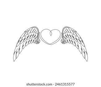 Continuous one line drawing of angel wings illustration. Heart with wings outline vector design. Editable stroke.
