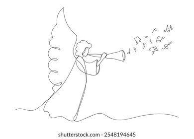 Desenho contínuo de uma linha de anjo com trompete. Anjo soprando chifre