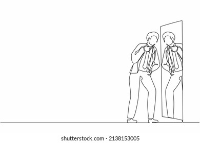 Una línea contínua que atrae a los hombres de negocios enojados a pelear con reflejo espejo. Un tipo furioso tiene conflictos internos, problemas de salud mental. Sufriendo de abuso, autoviolencia. Vector de diseño de tracción de línea única