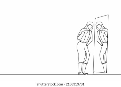 Continuous one line drawing angry businesswoman fight with mirror reflection. Furious girl have inner conflict, mental health problems. Suffering from abuse, self-violence. Single line design vector
