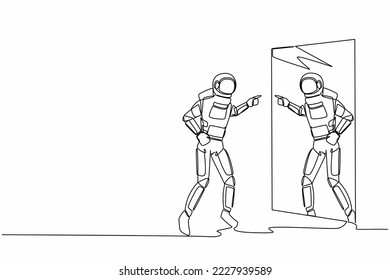 Continuous one line drawing angry astronaut fight with mirror reflection. Spaceman with mental health problems after interstellar journey. Cosmonaut outer space. Single line design vector illustration