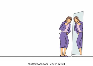 Continuous one line drawing angry businesswoman fight with mirror reflection. Furious girl have inner conflict, mental health problems. Suffering from abuse, self-violence. Single line design vector