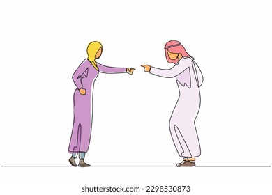Continuous one line drawing angry aggressive Arabian couple man husband woman wife yelling and quarrelling together. Furious dispute discussion or disagreement. Single line draw design vector graphic