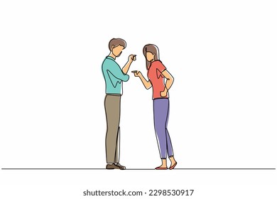 Continuous one line drawing angry aggressive couple man husband woman wife yelling   quarrelling together  Furious dispute discussion disagreement  Single line design vector graphic illustration