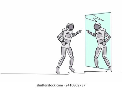 Continuous one line drawing angry astronaut fight with mirror reflection. Spaceman with mental health problems after interstellar journey. Cosmonaut outer space. Single line design vector illustration