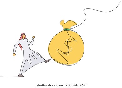 Kontinuierlich eine Zeile Zeichnung wütend arabischen Geschäftsmann treten die Geldtasche. Nicht zu schätzen, was erreicht wurde. Verschwenderisch. Ich verschwende viel Kapital. Vektorgrafik mit einfarbiger Zeichnung