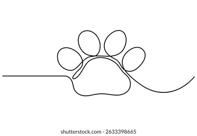 Continuous one line drawing of a animal paw pad, One line drawing of a dog paw print in minimalist vector outline style, isolated on white background.