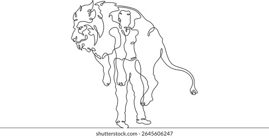 Treinador de animais de desenho contínuo de uma linha. Circo. Treinamento do Tiger. Animais no circo. Adminstrador de animais.Uma linha contínua isolada ilustração mínima.Não AI.