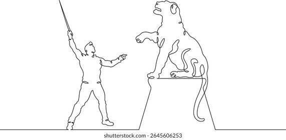 Treinador de animais de desenho contínuo de uma linha. Circo. Treinamento do Tiger. Animais no circo. Adminstrador de animais.Uma linha contínua isolada ilustração mínima.Não AI.