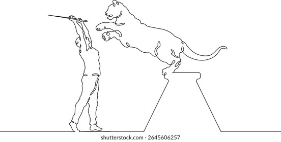 Treinador de animais de desenho contínuo de uma linha. Circo. Treinamento do Tiger. Animais no circo. Adminstrador de animais.Uma linha contínua isolada ilustração mínima.Não AI.