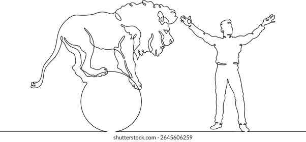 Treinador de animais de desenho contínuo de uma linha. Circo. Treinamento do Tiger. Animais no circo. Adminstrador de animais.Uma linha contínua isolada ilustração mínima.Não AI.