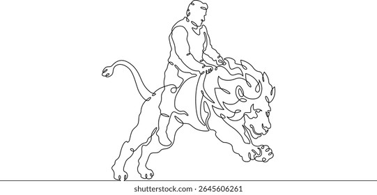 Treinador de animais de desenho contínuo de uma linha. Circo. Treinamento do Tiger. Animais no circo. Adminstrador de animais.Uma linha contínua isolada ilustração mínima.Não AI.
