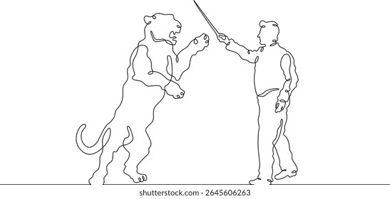 Treinador de animais de desenho contínuo de uma linha. Circo. Treinamento do Tiger. Animais no circo. Adminstrador de animais.Uma linha contínua isolada ilustração mínima.Não AI.