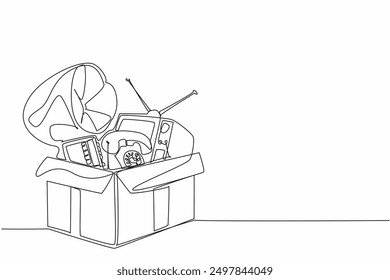 Continuous one line drawing antique television, telephone, radio in cardboard box. Tidying up classic items that no longer function. National old stuff day. Single line draw design vector illustration