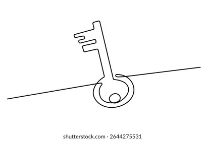 Continuous One line drawing of Antique Key. Symbolizing mystery with a minimalistic key design, Security concept continuous line art. Editable outline.