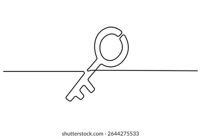 Desenho contínuo de uma linha de Antique Key. Simbolizando mistério com um design de chave minimalista, conceito de segurança arte de linha contínua.