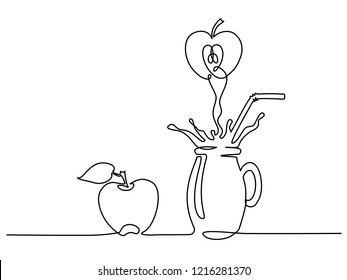 Continuous one line drawing. Apple juice splash in glass. Vector illustration