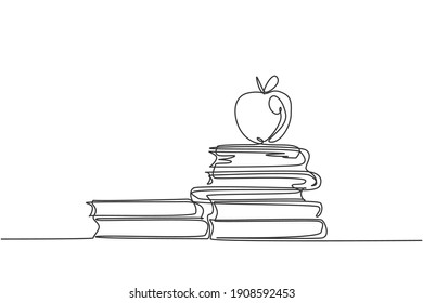 Continuous one line drawing of apple above books stack minimalist vector illustration design on white background. Isolated simple line modern graphic style. Hand drawn graphic concept for education